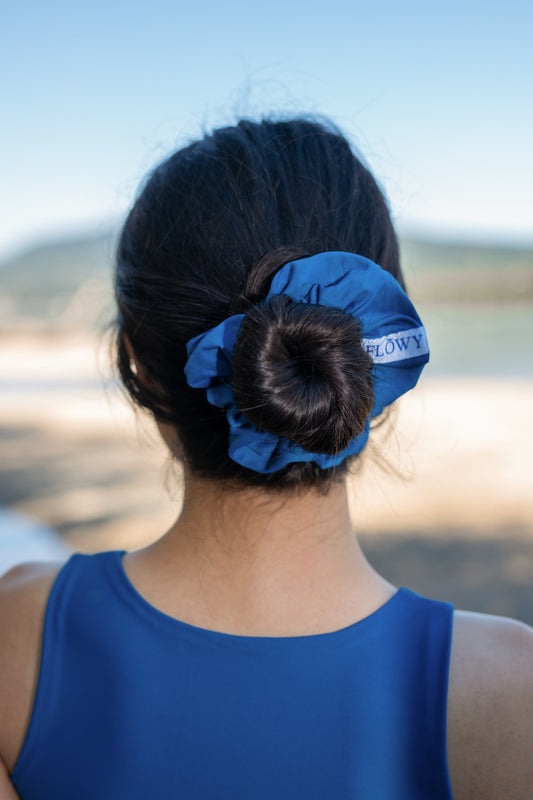 Blue Giselle Scrunchie in a bun